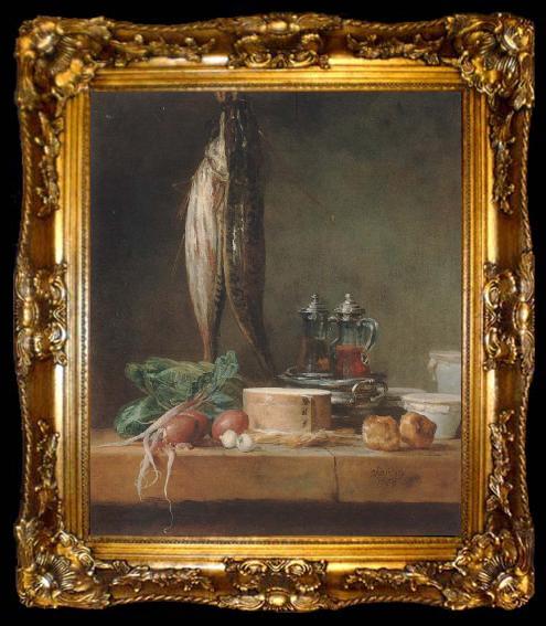 framed  Jean Baptiste Simeon Chardin Style life with fish, Grunzeug, Gougeres shot el as well as oil and vinegar pennant on a table, ta009-2